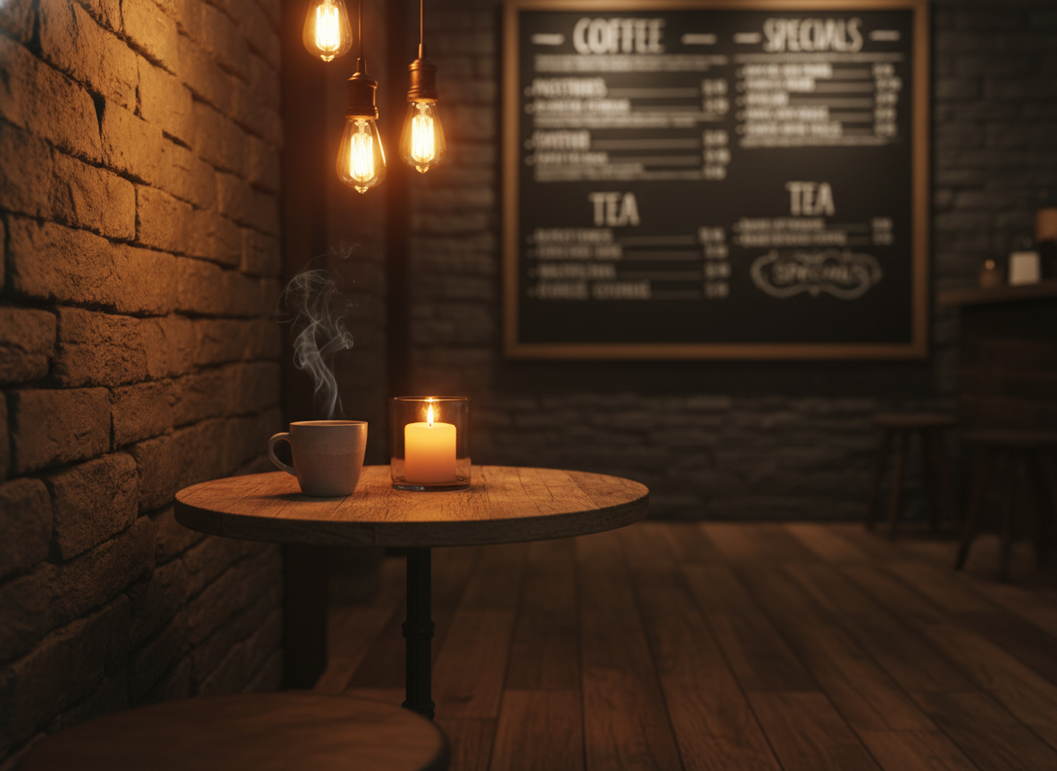 Ember Coffee bar at night — warm candlelit atmosphere, guests at wooden tables