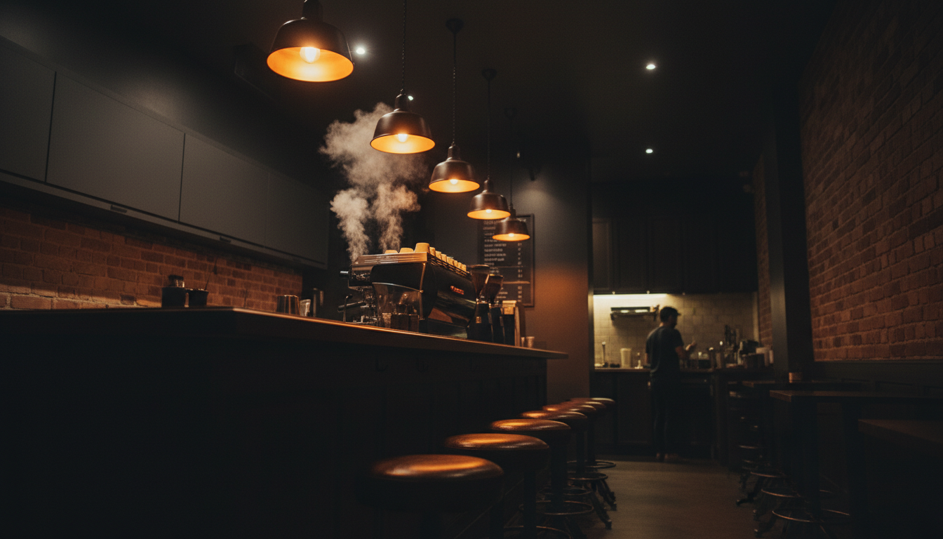 Ember Coffee interior — warm amber light glowing over espresso equipment and dark wood