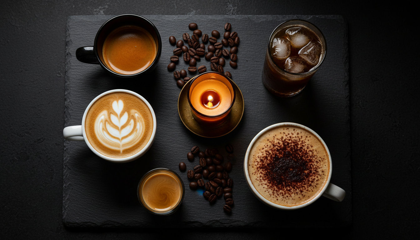 A spread of Ember Coffee signature drinks — espresso, cold brew, and pour-over on dark slate