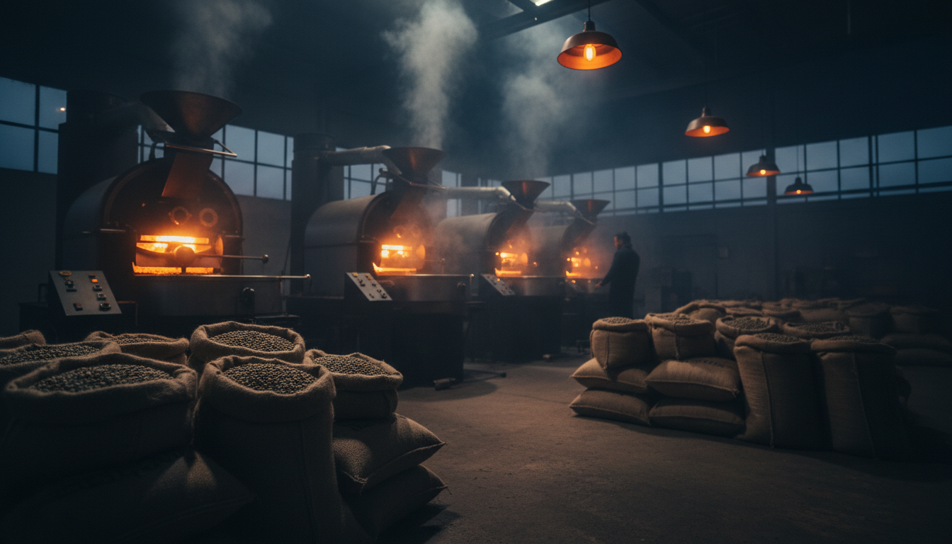 Ember Coffee roastery — vintage drum roaster glowing with amber heat against dark walls