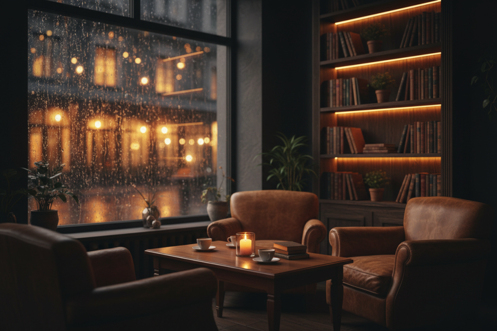 Cozy evening coffee shop interior with rain-streaked windows, leather armchairs, candlelight and two coffee cups
