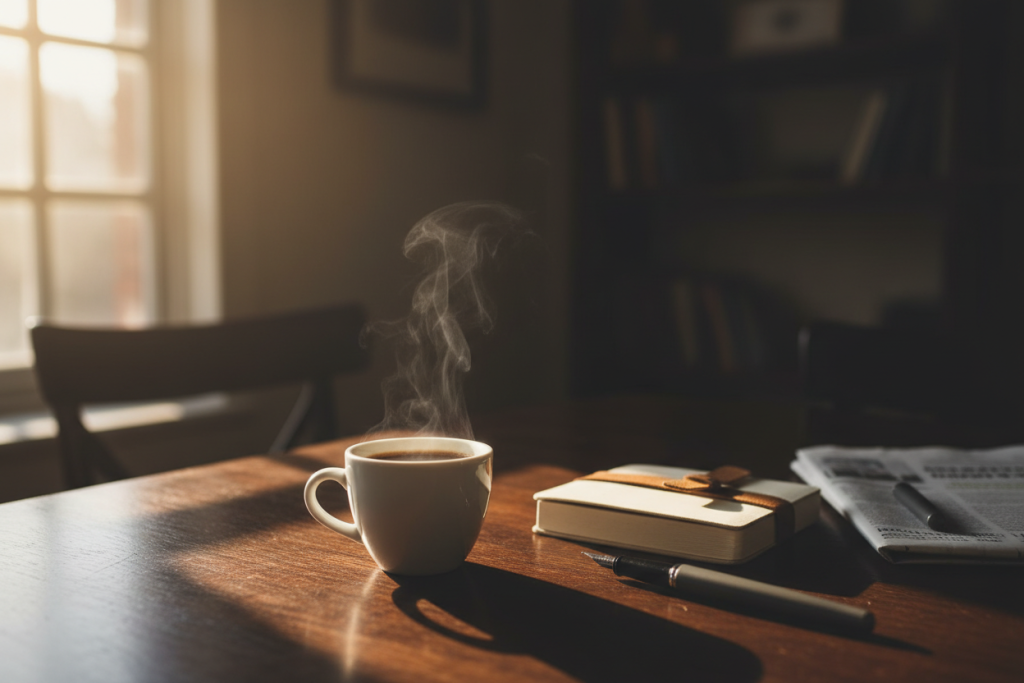 Single espresso cup on dark wooden table with soft morning golden light streaming through a window